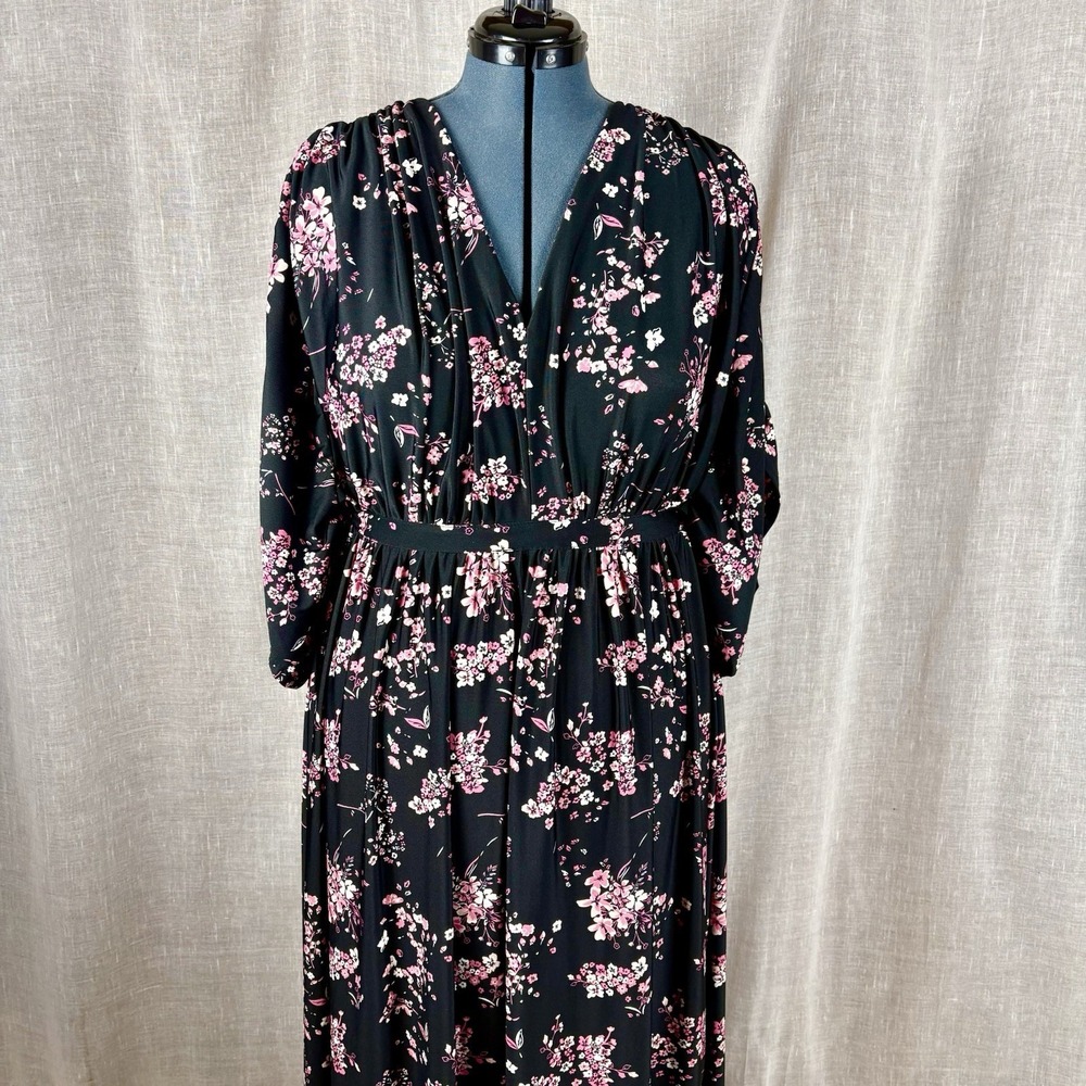 Cherry Blossom Print Dress Caftan Size 3X 26 28 Black Tie Back Whimsigoth - Picture 2 of 14